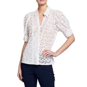 Tanya Taylor Angel Puff Sleeves Embroidered Eyelet Lace White Top Blouse